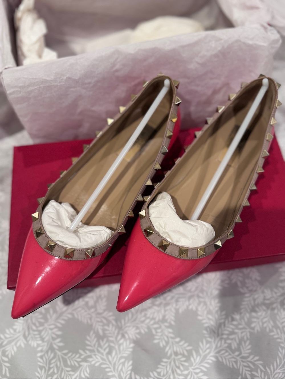 Valentino Rockstud Pointed-Toe Flats in Hot Pink and Nude Trim